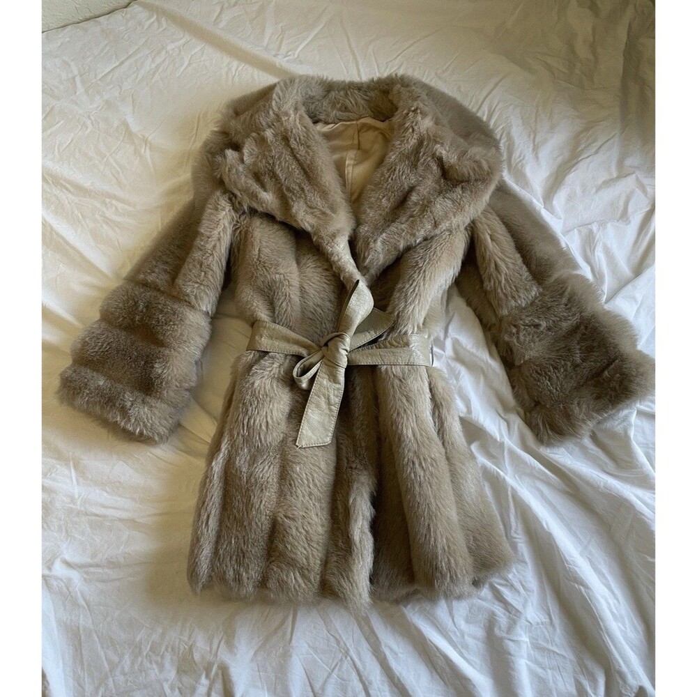 70s 80s vintage faux fur oversized camel color coat  mob wife women's S/M